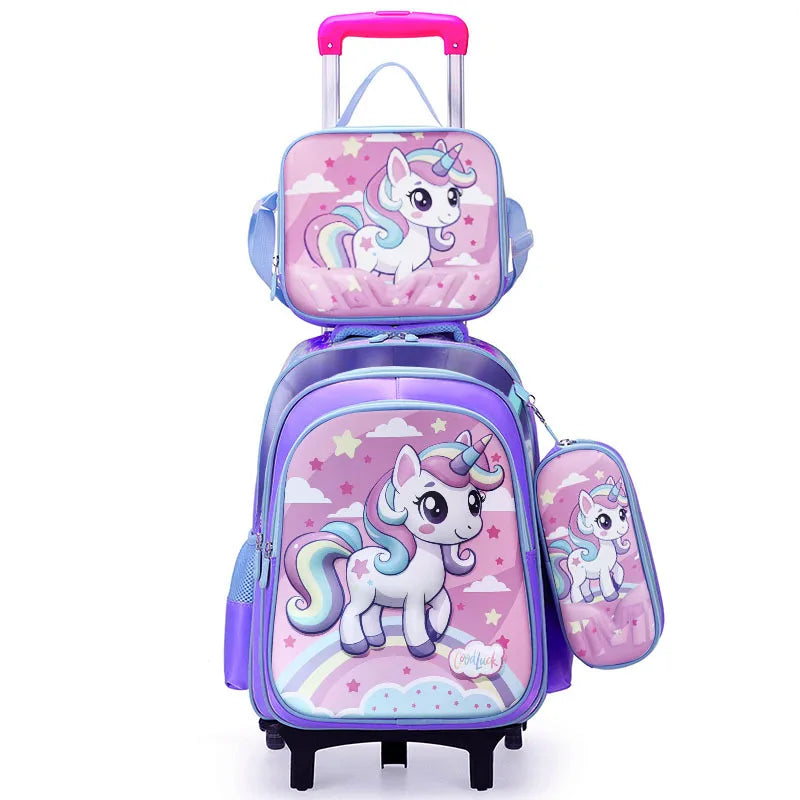 Nouveau modèle de sac à déjeuner pour élèves du primaire en polyester avec poignée télescopique, trousse à crayons, ensemble de trois pièces, dessin animé mignon pour enfants