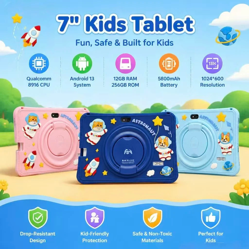 Tablette enfant 7" Android – 12 Go RAM, 256 Go, batterie 5000mAh