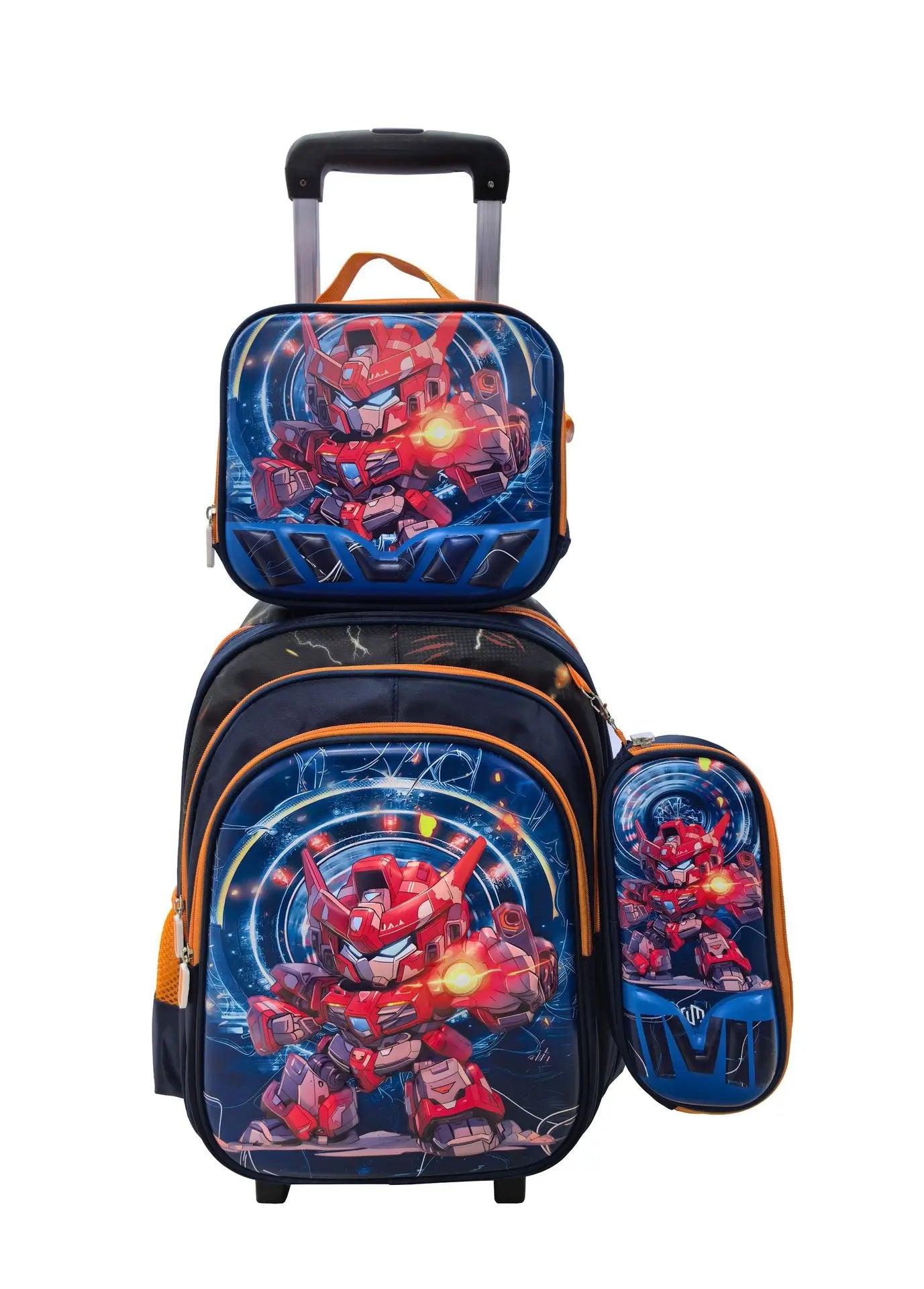 Nouveau modèle de sac à déjeuner pour élèves du primaire en polyester avec poignée télescopique, trousse à crayons, ensemble de trois pièces, dessin animé mignon pour enfants