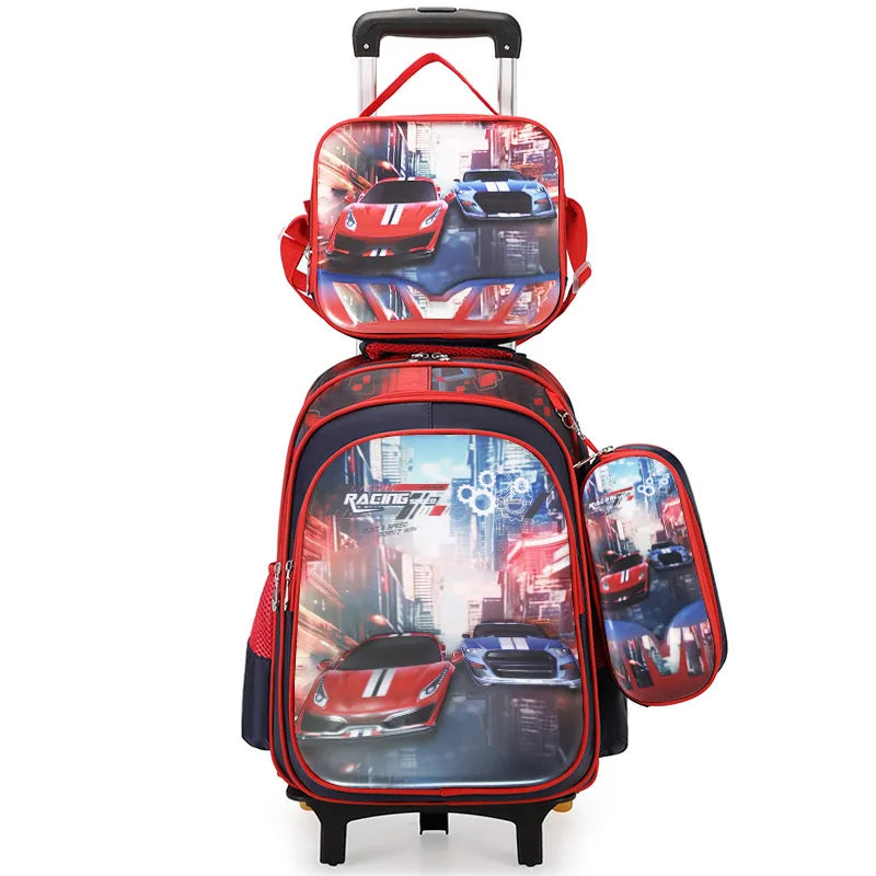 Nouveau modèle de sac à déjeuner pour élèves du primaire en polyester avec poignée télescopique, trousse à crayons, ensemble de trois pièces, dessin animé mignon pour enfants