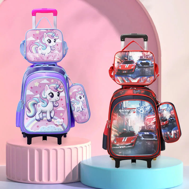 Nouveau modèle de sac à déjeuner pour élèves du primaire en polyester avec poignée télescopique, trousse à crayons, ensemble de trois pièces, dessin animé mignon pour enfants