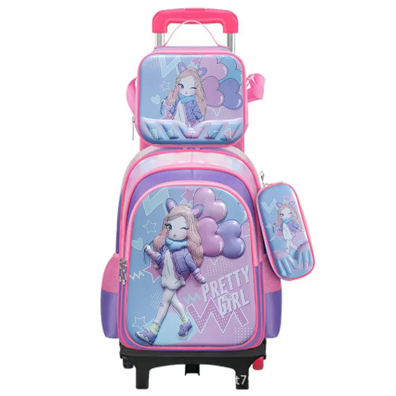 Nouveau modèle de sac à déjeuner pour élèves du primaire en polyester avec poignée télescopique, trousse à crayons, ensemble de trois pièces, dessin animé mignon pour enfants