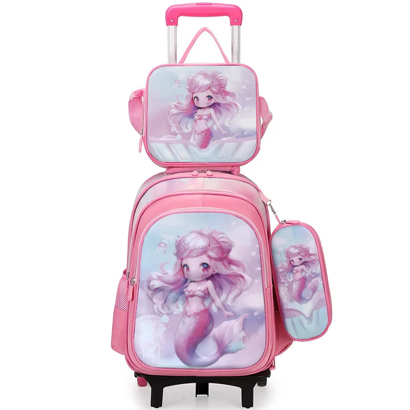 Nouveau modèle de sac à déjeuner pour élèves du primaire en polyester avec poignée télescopique, trousse à crayons, ensemble de trois pièces, dessin animé mignon pour enfants