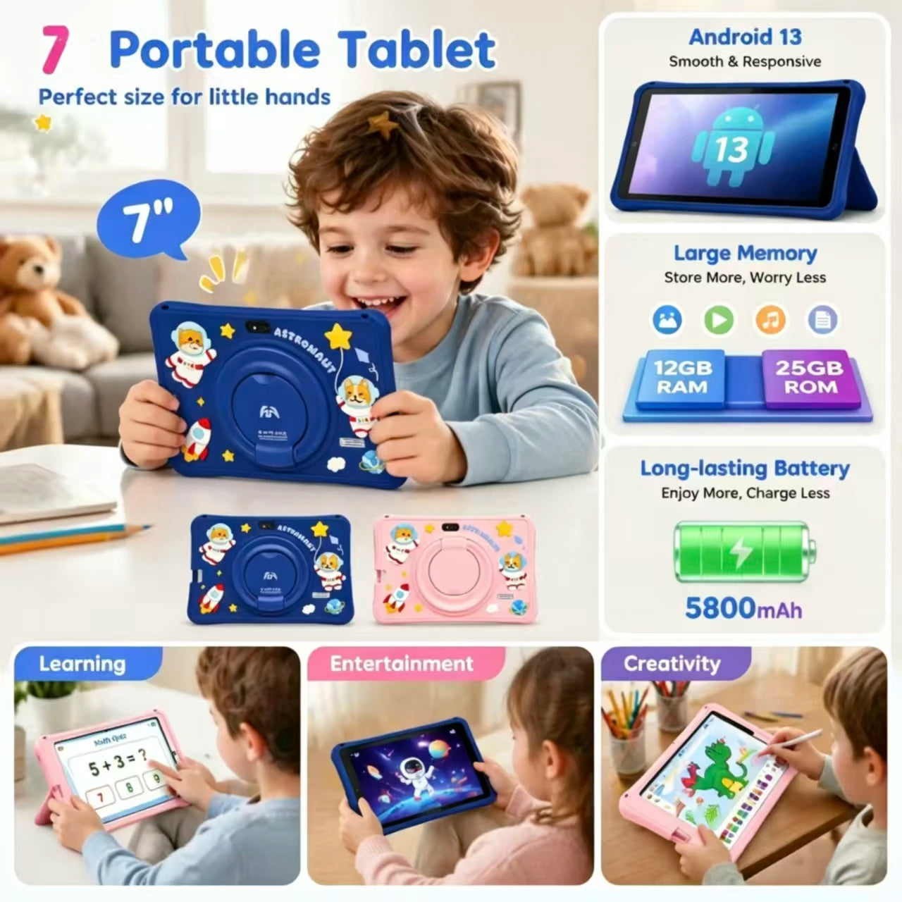 Tablette enfant 7" Android – 12 Go RAM, 256 Go, batterie 5000mAh