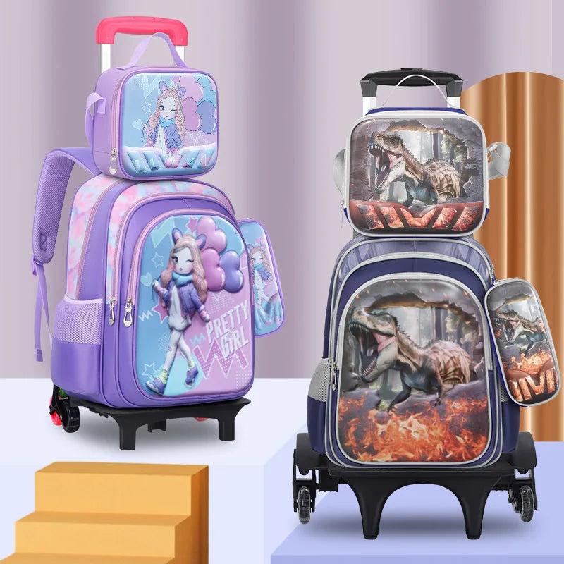 Nouveau modèle de sac à déjeuner pour élèves du primaire en polyester avec poignée télescopique, trousse à crayons, ensemble de trois pièces, dessin animé mignon pour enfants