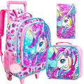 Sac à dos roulant licorne 3 pièces pour filles, sacs à dos d'école pour enfants avec roulettes, sac à livres à roulettes avec boîte à déjeuner pour préscolaire primaire
