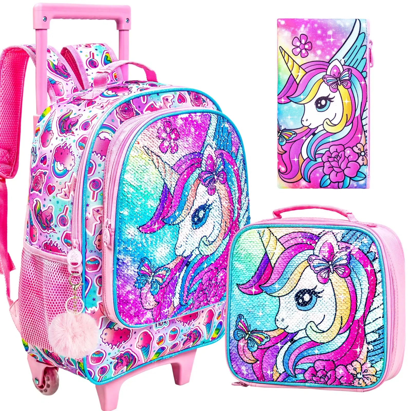 Sac à dos roulant licorne 3 pièces pour filles, sacs à dos d'école pour enfants avec roulettes, sac à livres à roulettes avec boîte à déjeuner pour préscolaire primaire