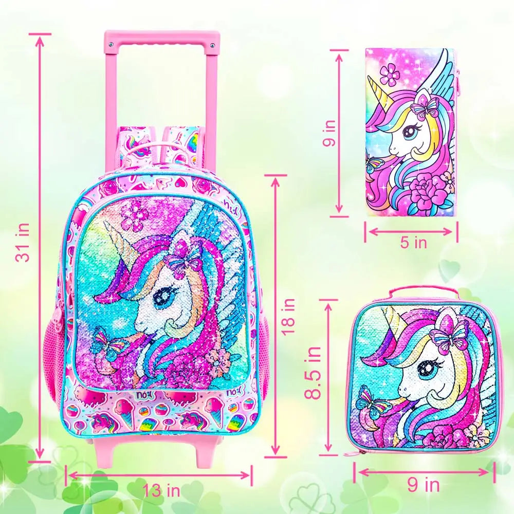 Sac à dos roulant licorne 3 pièces pour filles, sacs à dos d'école pour enfants avec roulettes, sac à livres à roulettes avec boîte à déjeuner pour préscolaire primaire