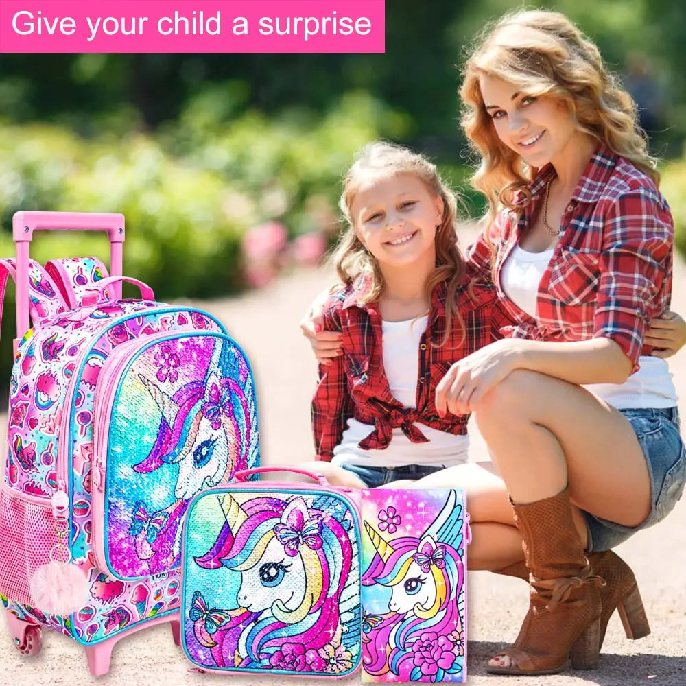 Sac à dos roulant licorne 3 pièces pour filles, sacs à dos d'école pour enfants avec roulettes, sac à livres à roulettes avec boîte à déjeuner pour préscolaire primaire