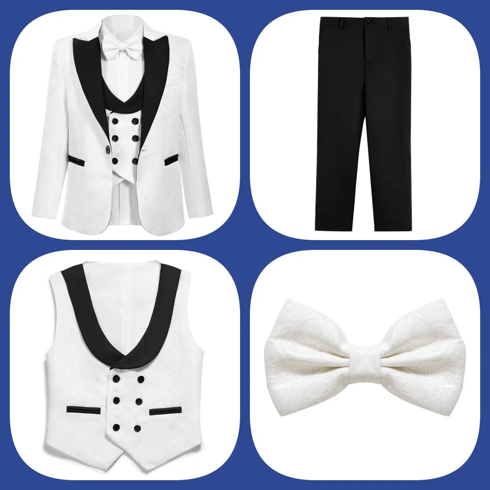 Costume garçon mariage 4 pièces – Blazer, gilet & pantalon avec nœud papillon
