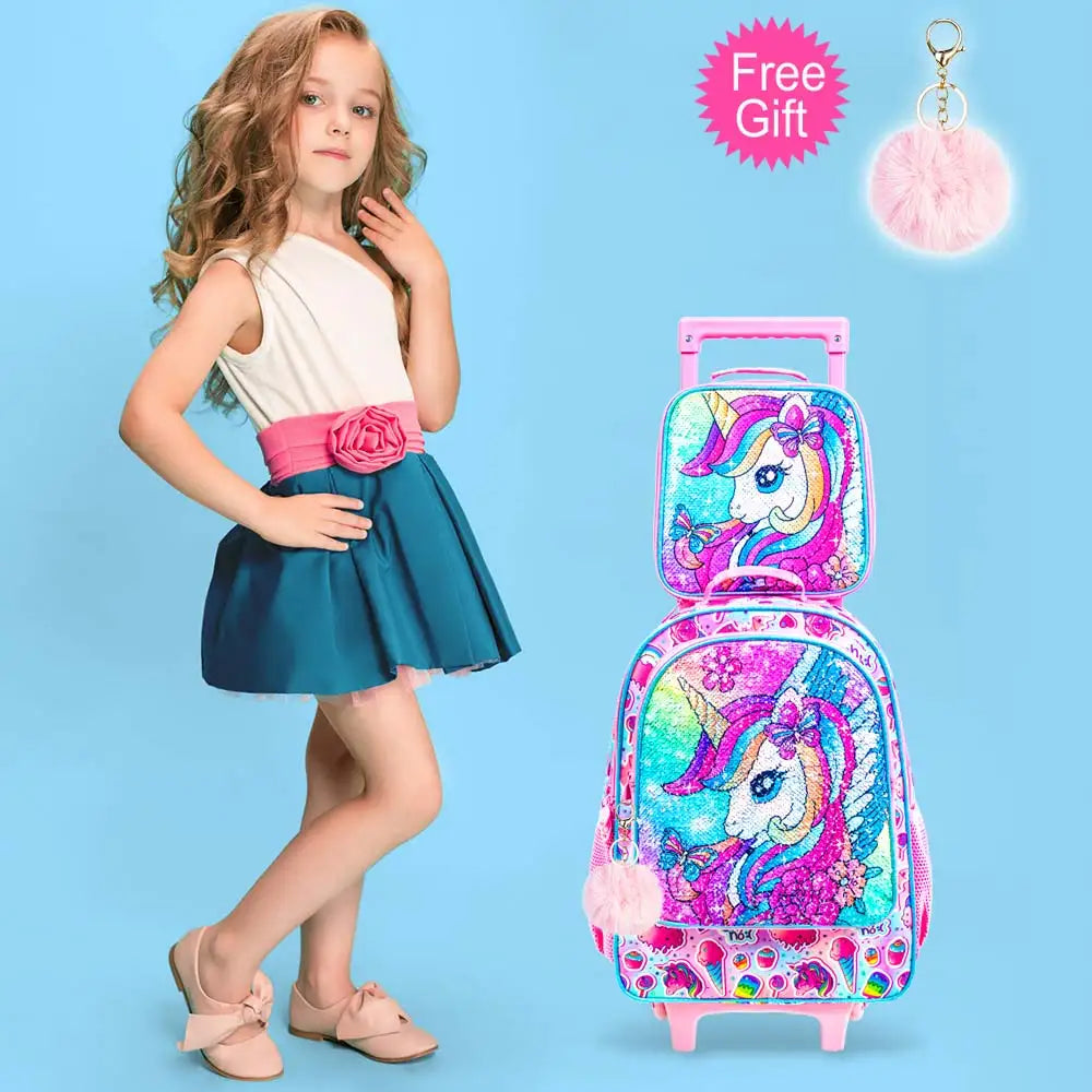 Sac à dos roulant licorne 3 pièces pour filles, sacs à dos d'école pour enfants avec roulettes, sac à livres à roulettes avec boîte à déjeuner pour préscolaire primaire