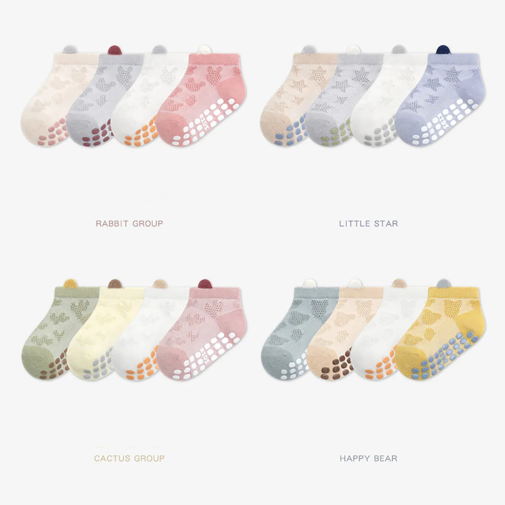 Chaussettes antidérapantes bébé – Lot de 4 paires (0-6 ans)