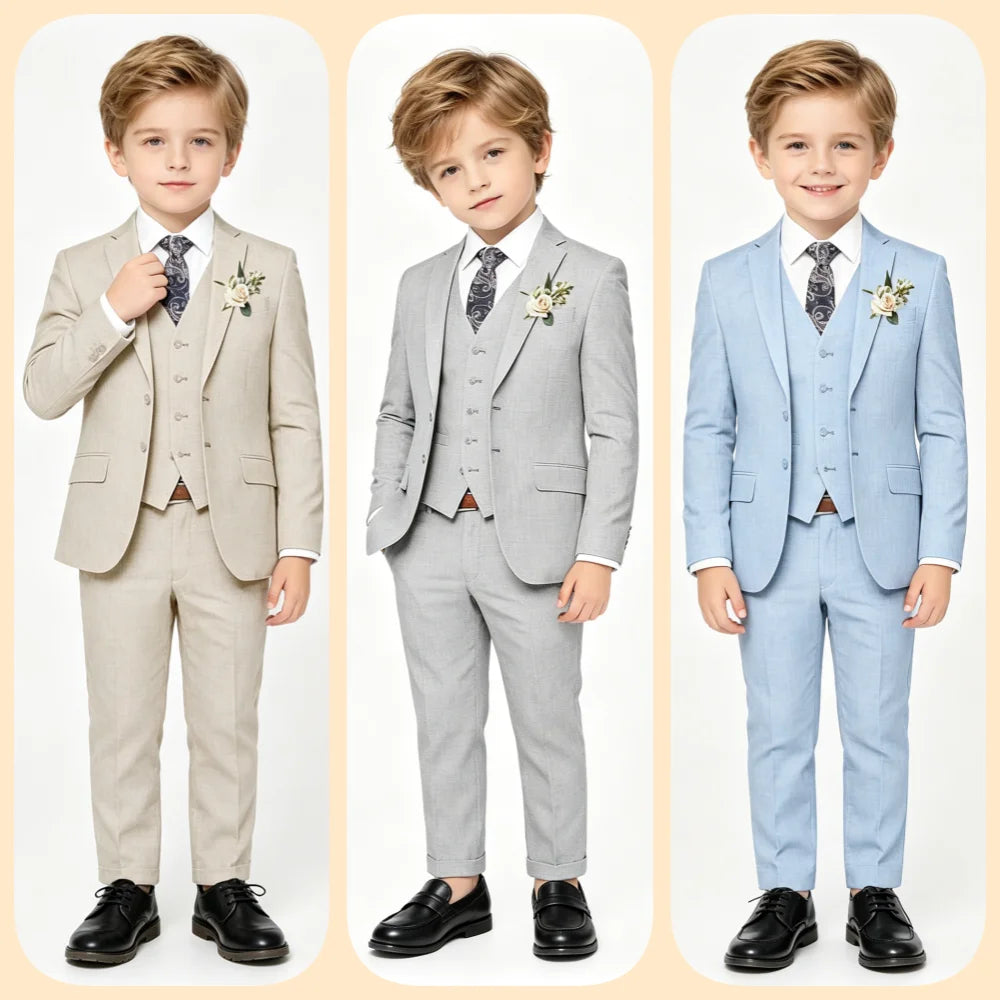 Costume garçon mariage 4 pièces – Blazer, gilet & pantalon avec nœud papillon