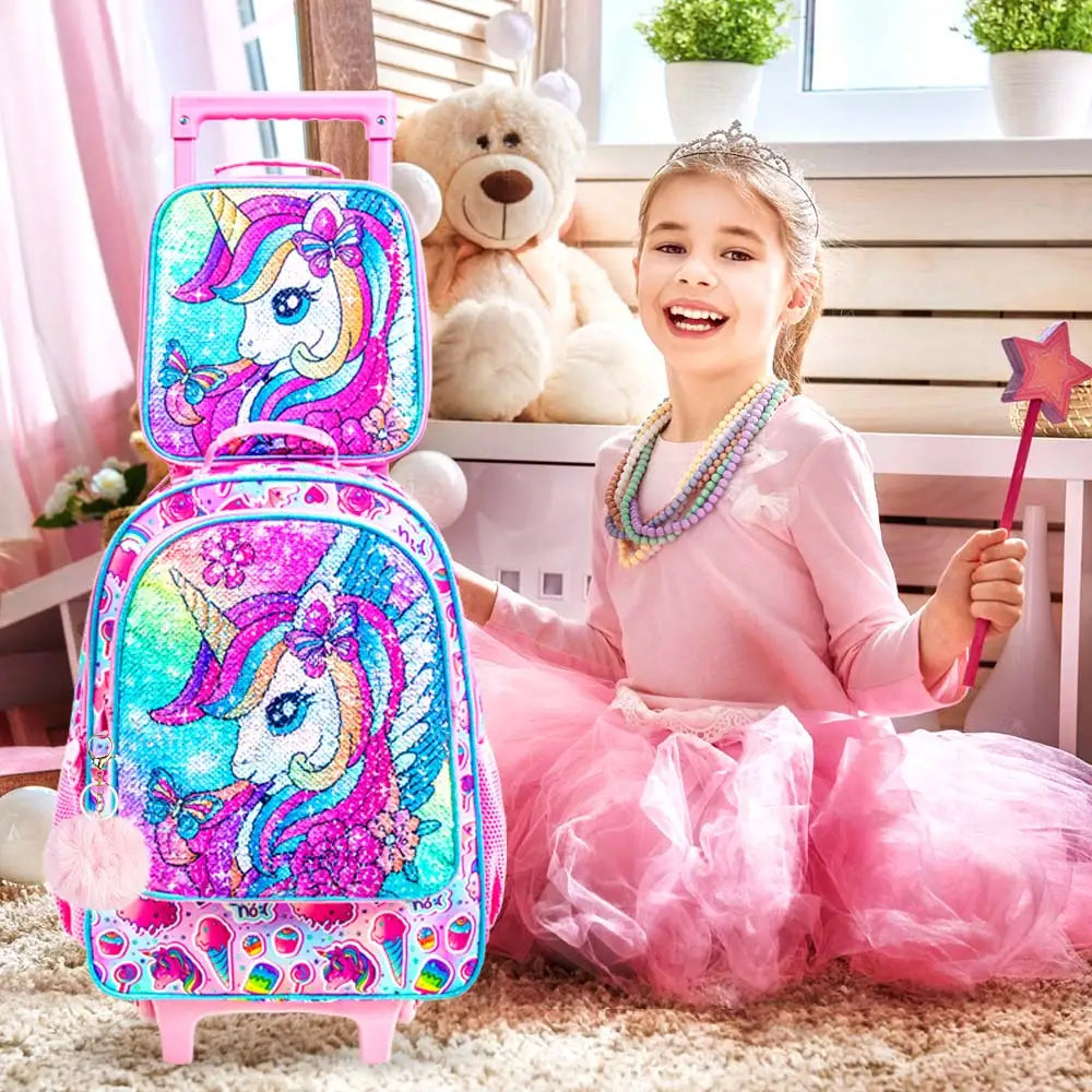 Sac à dos roulant licorne 3 pièces pour filles, sacs à dos d'école pour enfants avec roulettes, sac à livres à roulettes avec boîte à déjeuner pour préscolaire primaire