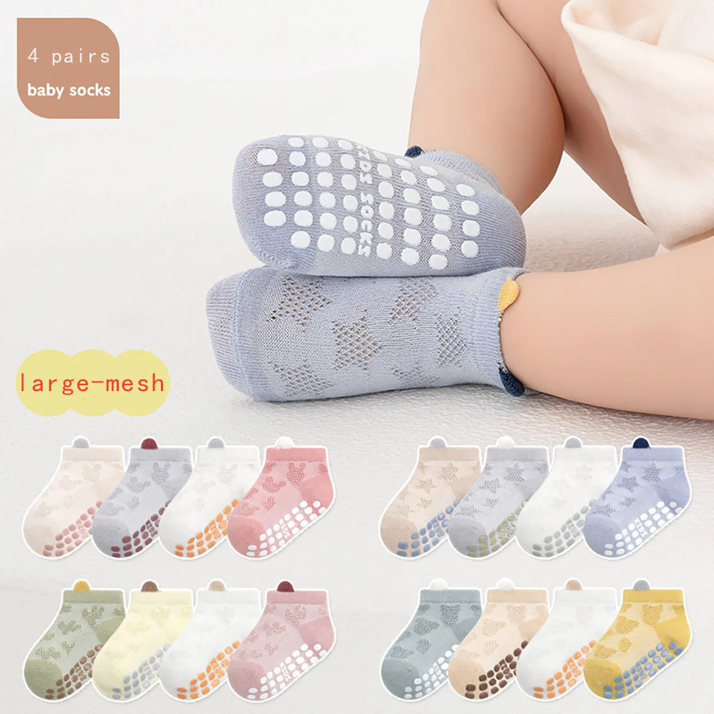 Chaussettes antidérapantes bébé – Lot de 4 paires (0-6 ans)