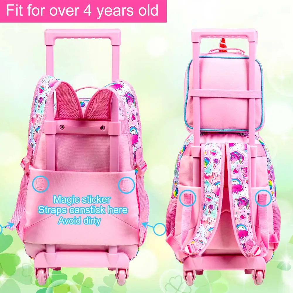 Sac à dos roulant licorne 3 pièces pour filles, sacs à dos d'école pour enfants avec roulettes, sac à livres à roulettes avec boîte à déjeuner pour préscolaire primaire