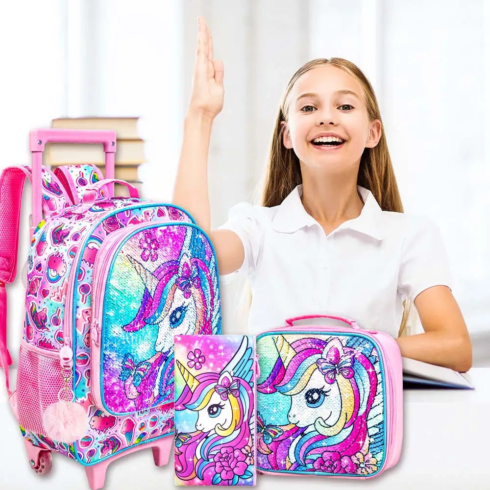 Sac à dos roulant licorne 3 pièces pour filles, sacs à dos d'école pour enfants avec roulettes, sac à livres à roulettes avec boîte à déjeuner pour préscolaire primaire